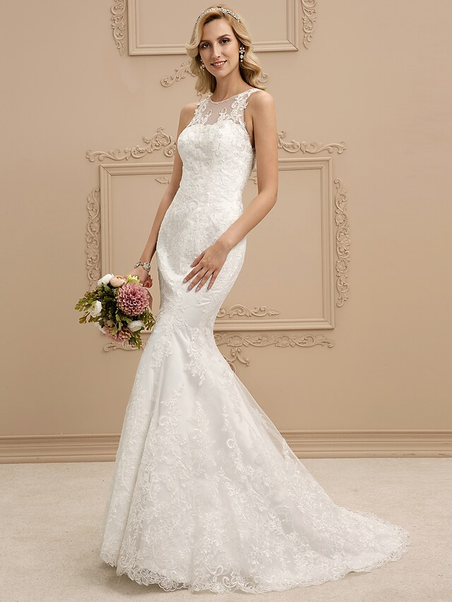 Luolandi Wedding Dresses Bateau Neck All Over Lace Regular Straps Sexy Illusion Detail Backless with Beading